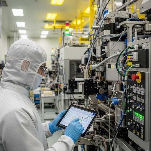 Worker in a cleanroom suit uses a tablet to monitor industrial equipment in a high-tech manufacturing facility.