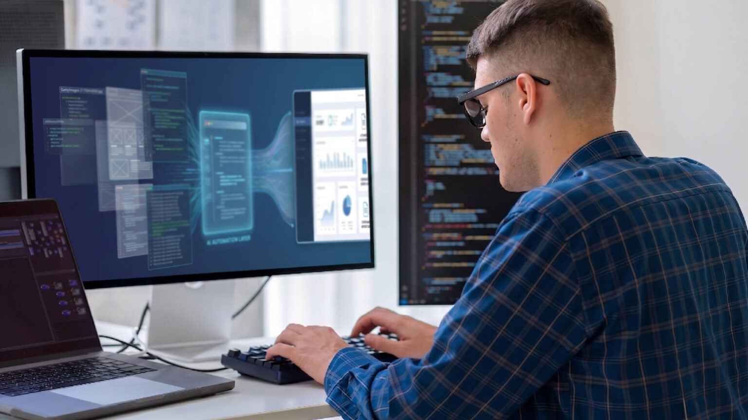 Software engineer typing at a multi-monitor workstation, with code and graphs visible on the screens.