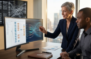 Two professionals review complex data visualizations on a curved monitor as one points with a pen.