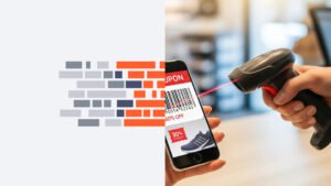Handheld barcode scanner reads a smartphone displaying a barcode and sale offers at checkout (e-commerce scene).