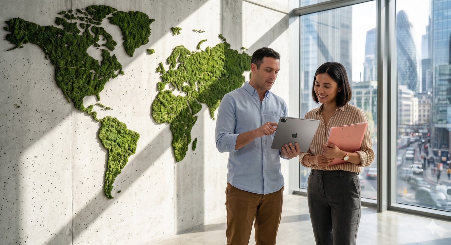 Two colleagues review content on a tablet beside a green moss world map on a concrete wall in a bright office.