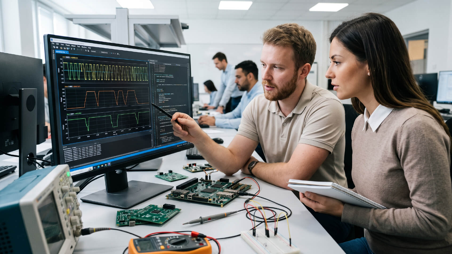 Two engineers review waveform graphs and code on a large monitor in a lab, with circuit boards and test gear on the bench nearby.