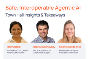 Banner promoting 'Safe, Interoperable Agentic AI' and 'Town Hall Insights & Takeaways' with three speaker headshots beneath the title (Reena Bajaj, Andrew Kalinovsky, Sophie Sergeenko).