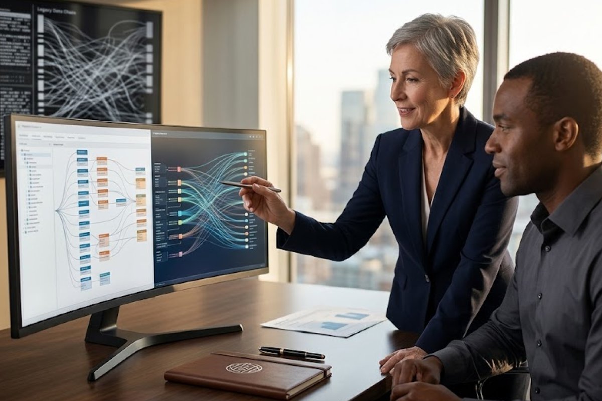 Two professionals review complex data visualizations on a curved monitor, one pointing with a pen at flow diagrams.