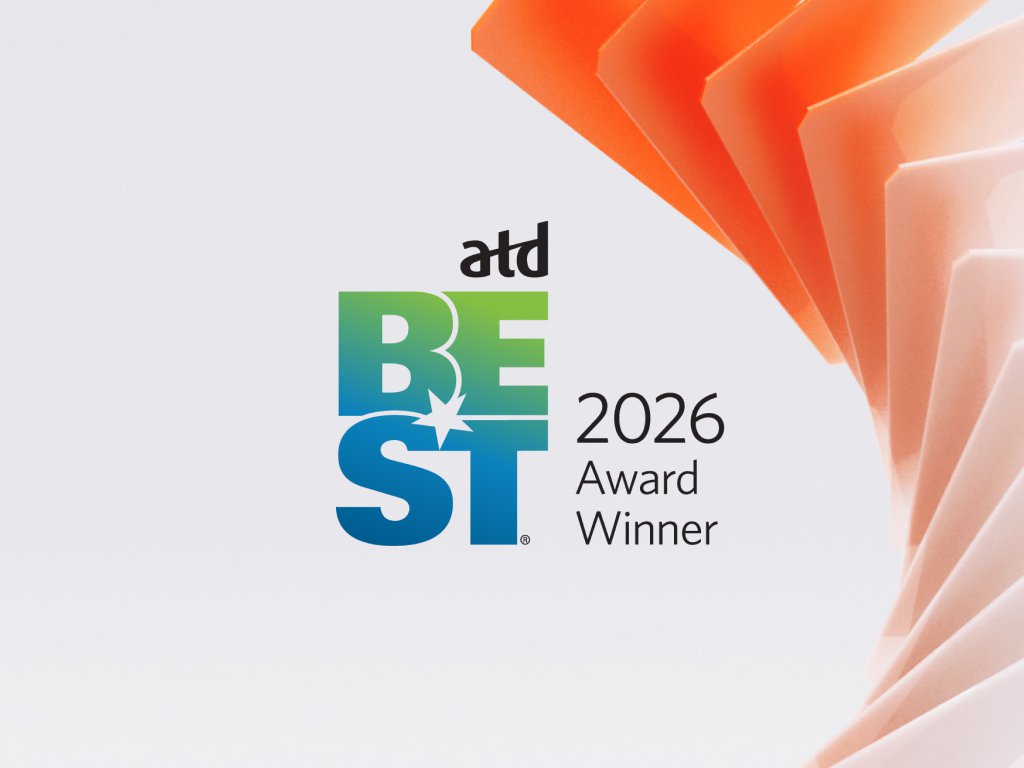 ATD BEST 2026 Award Winner logo with teal and blue lettering and an orange spiral background