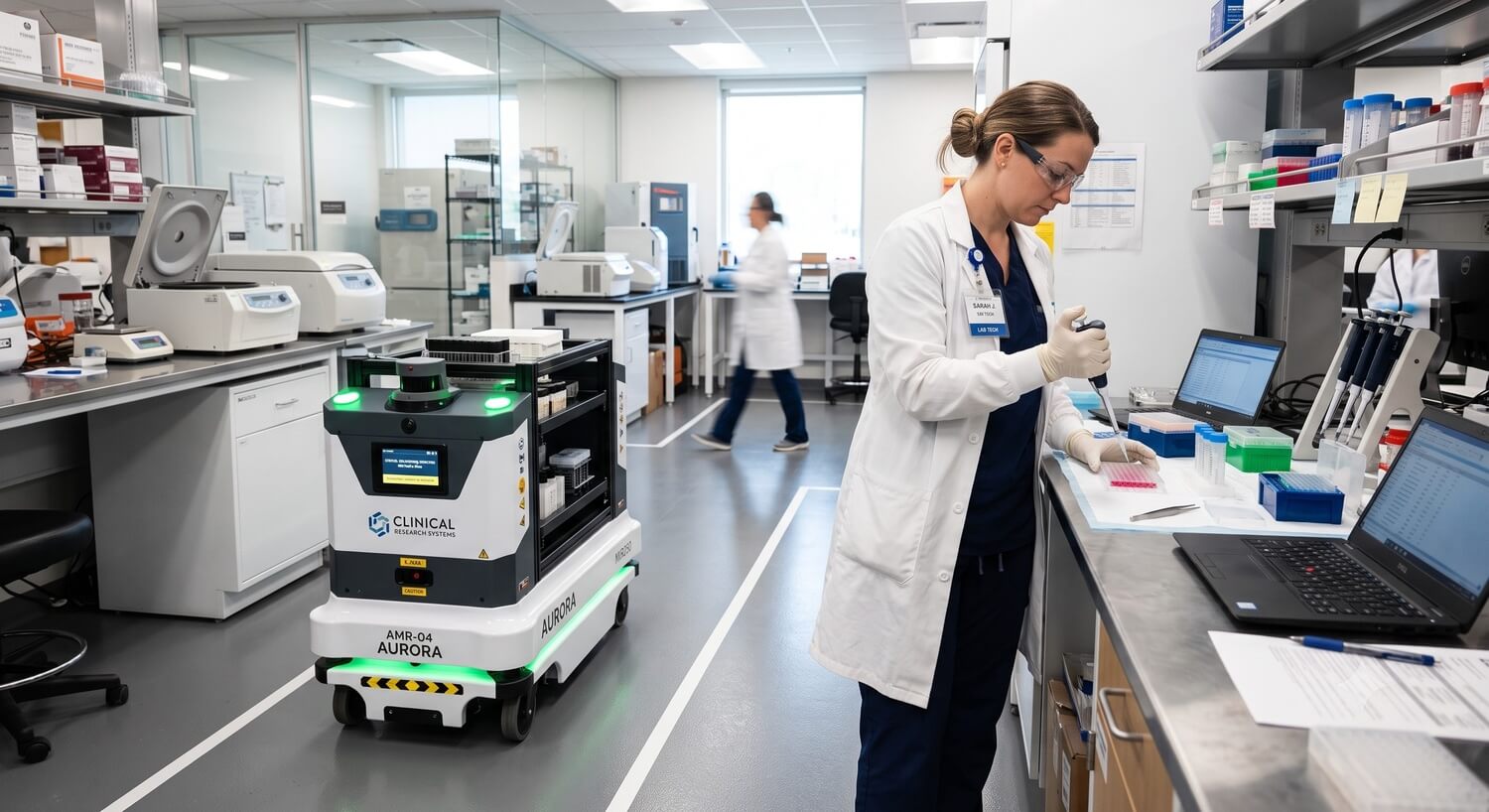 Technician in a clinical laboratory with an autonomous mobile robot and staff present