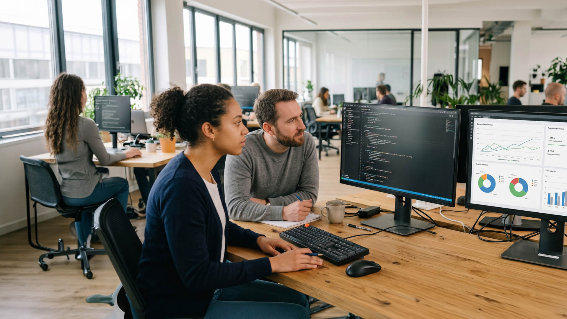 Two developers sit at a wooden desk, looking at a code editor on a large monitor with analytics dashboards visible on a second screen in an open-plan office.