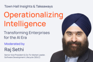Banner for Town Hall Insights & Takeaways: 'Operationalizing Intelligence' — 'Transforming Enterprises for the AI Era'; features a bearded man in a navy turban wearing a suit, with 'Moderated by' text indicating a speaker.