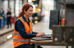Prescriptive-Maintenance-Feature - GlobalLogic Female worker in an orange safety vest typing at a computer on a station platform, monitoring train data on screen