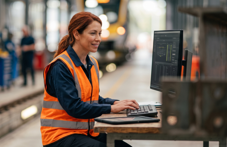 Female worker in an orange safety vest typing at a computer on a station platform, monitoring train data on screen