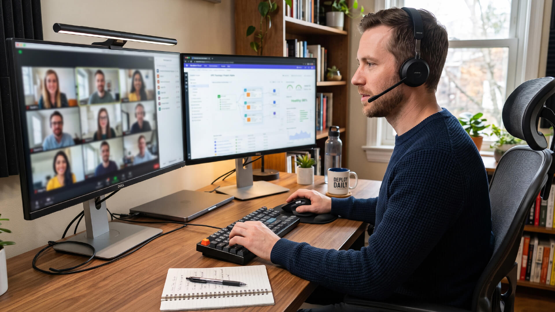 Man wearing a headset works at a desk with two monitors showing a video conference grid and a dashboard.