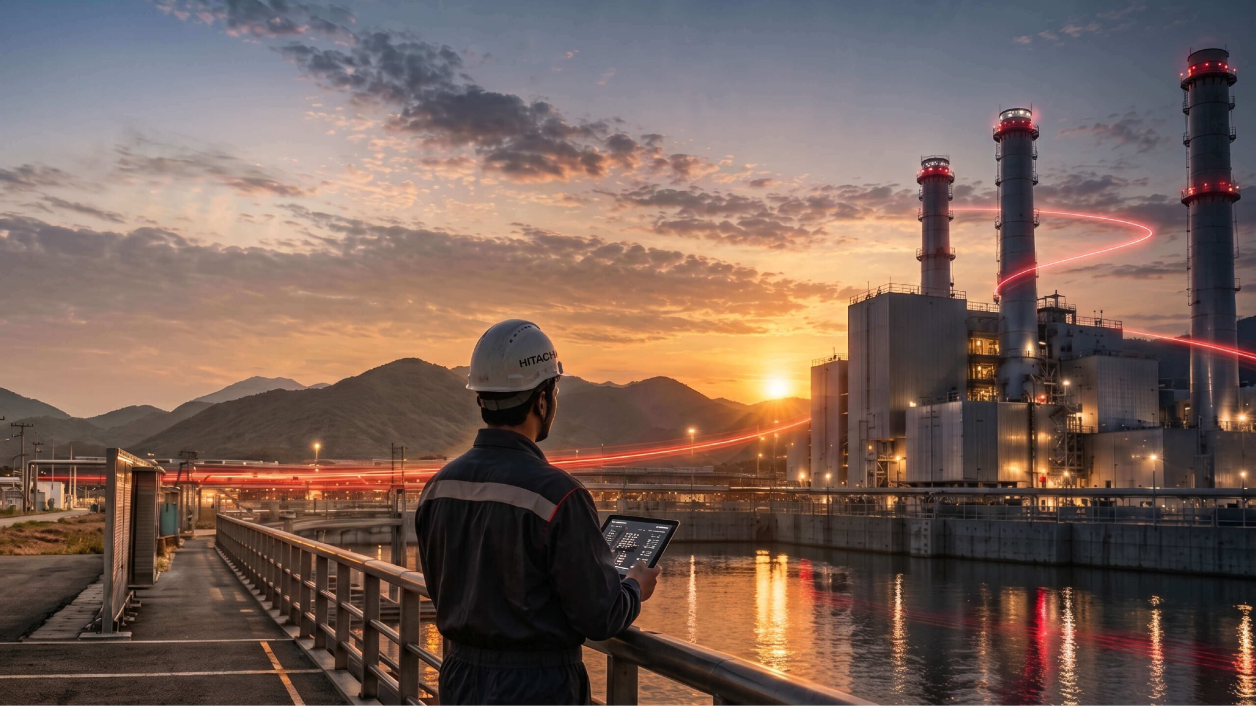Worker in a hard hat and blue uniform stands on a railing, inspecting with a tablet at an industrial site near water, smokestacks lit at dusk.